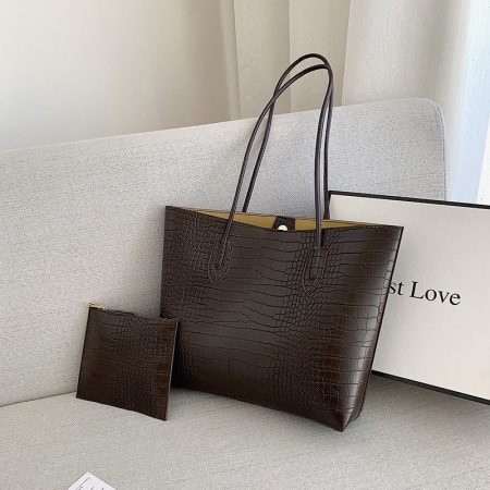 Elegant Dark Brown Croc-Embossed Tote with Matching Pouch