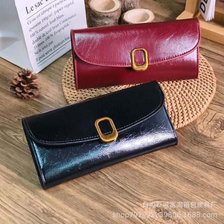 Glossy Buckle Accent Long Wallet