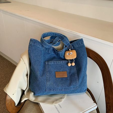 Casual Denim Tote Bag with Plush Charm